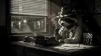 Film noir detective sitting at desk with typewriter, smoking cigarette by window at night, monochrome vintage scene for mystery, crime, journalism, or retro media projects.