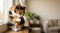 Adorable calico kitten grooming paw on wooden windowsill in cozy home interior with soft natural lighting and houseplants in background.