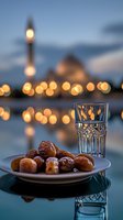 Fresh dates and water glass against blurred mosque silhouette at dusk with glowing bokeh lights, capturing Ramadan evening atmosphere for religious holiday concept.