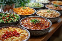 Various Middle Eastern mezze dishes served in traditional ceramic bowls on wooden table, featuring hummus, tabbouleh, and spiced legume stews garnished with herbs.