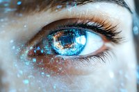 Close-up of female eye with digital technology concept overlay showing futuristic circuit patterns and blue glowing elements representing artificial intelligence.