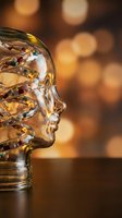 Transparent glass head filled with colorful pills and capsules representing mental health medication and pharmaceutical treatment with warm bokeh background.
