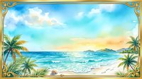 Tropical beach sunset with palm trees, golden sand, and ocean waves framed by ornate border, ideal for travel and vacation designs.