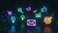 Digital marketing neon icons floating on dark background with connected network dots. Business communication symbols for online advertising campaigns.