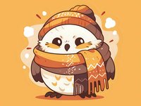 Cute cartoon owl wearing winter knitted hat and cozy scarf on orange background, kawaii style character design for stickers and greeting cards.