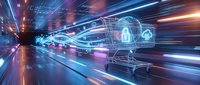 Futuristic autonomous vehicle with digital wireframe overlay speeding through neon-lit tunnel with motion blur effects and glowing data streams.