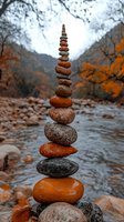 Balanced stone tower by mountain stream with autumn foliage. Natural rock cairn formation against blurred forest background creates zen atmosphere.