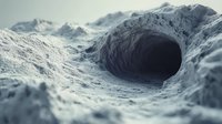 Dark mysterious cave entrance in snowy mountain terrain with dramatic shadows and textured snow surface, close-up view showing depth and perspective.