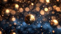 Sparkling golden sphere floating in magical bokeh lights with warm amber glow and twinkling stars creating festive holiday atmosphere for celebrations.