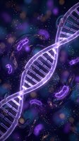 Glowing purple DNA helix with bacteria and particles on dark background, suitable for biotechnology, genetics research, medical science education, and pharmaceutical presentations.