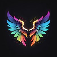 Colorful rainbow wings spread symmetrically on black background, featuring gradient feathers from blue to purple and orange tones. Isolated design element for logos.