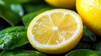Fresh lemon half with green leaves on wet surface showing citrus segments and natural juice for cooking and healthy lifestyle concepts.