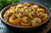 Yellow bell peppers stuffed with seasoned rice and meat mixture, garnished with fresh herbs in rustic ceramic bowl, close up view of homemade dinner dish.