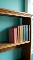 Wooden bookshelf with colorful vintage books arranged by color gradient from red to blue against turquoise wall near window for home library decor.