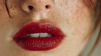 Close-up of woman's lips with glossy red lipstick and natural freckled skin showing beauty and cosmetics concept for makeup and skincare applications.