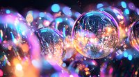 Glowing disco balls reflect colorful lights creating magical party atmosphere with pink and blue bokeh effects against dark background. Nightclub entertainment concept.