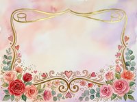 Ornamental floral frame with roses and decorative gold scrollwork on soft watercolor background, suitable for wedding invitations, greeting cards, and romantic design projects.