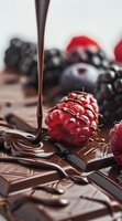 Melted dark chocolate dripping onto chocolate bar pieces with fresh raspberries and blueberries, creating luxurious dessert composition on light background.