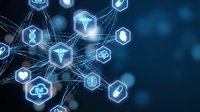 Glowing hexagonal medical icons connected by network lines on dark blue background, representing digital healthcare and technology.