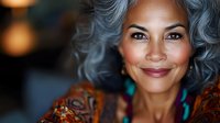 Confident mature Asian woman with silver curly hair and natural makeup smiling warmly at camera. Wearing turquoise jewelry and brown patterned clothing against blurred background.