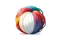 Colorful yarn ball with gradient rainbow colors on white background, featuring smooth transitions from red to blue tones, isolated design element for craft projects.