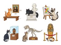 Cats exploring museum exhibits, art gallery, and historical artifacts. Feline characters viewing paintings, sculptures, dinosaur skeletons, and Egyptian mummies in educational settings for children's books and educational content.