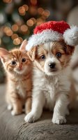 Adorable puppy wearing Santa hat with orange kitten friend sitting together during Christmas season with warm bokeh lights in cozy home setting.