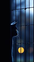 Black cat silhouette behind metal bars at night with glowing yellow moon in background, creating mysterious and dramatic atmosphere with rim lighting effect.