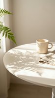 Minimalist workspace with cream ceramic mug, folded linen napkin, and fern leaves casting shadows on round white table in natural sunlight for lifestyle and home decor projects.