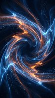 Swirling energy vortex with glowing blue and orange light trails creating dynamic motion against dark space background with particles and stars.