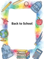 Back to school frame with educational supplies on colorful watercolor background for student designs and academic materials.