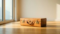 Vintage leather suitcase on wooden floor in bright minimalist room with natural window light, evoking travel, nostalgia and adventure.