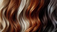 Wavy hair strands in multiple colors from blonde to auburn, copper, and dark brown, showcasing diverse hair color palette for salon or beauty industry use.