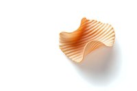 Single wavy potato chip with ridged texture and warm orange glow on white background, isolated food photography for packaging and advertising designs.