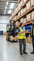 Warehouse workers in safety vests discussing logistics operations with forklift and storage shelves in modern distribution center for supply chain management.