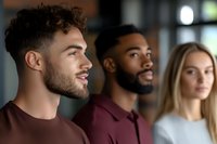 Diverse young professionals in profile view showing confident expressions and modern business attire, standing in line at modern office space.