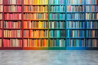 Colorful rainbow gradient bookshelf with books arranged by color from red to blue spectrum on modern library wall with reflective floor creates artistic display.