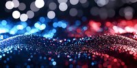 Abstract glitter wave with blue and red bokeh lights creating dynamic flowing motion for digital backgrounds and festive designs.