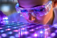 Young Asian scientist wearing protective glasses examines glowing purple technological surface with digital patterns in modern research laboratory.