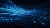 Abstract blue light trails and glowing particles on dark background create dynamic motion effect for technology and digital communication designs.