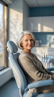 Senior Caucasian woman with gray hair sitting in dental chair at modern clinic office smiling confidently during routine checkup appointment.