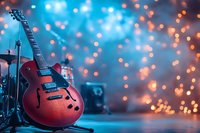 Red electric guitar on stage with blurred bokeh lights in background creating magical atmosphere for music performance and entertainment events.