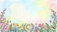 Watercolor spring garden border with flowers, sun, moon, butterflies and bird on pastel background with copy space for text.