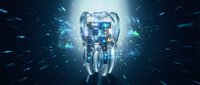 Futuristic digital tooth with glowing circuits and data streams for dental technology and healthcare innovation concepts.