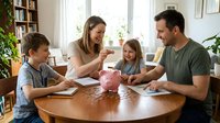 Happy Caucasian family with two children counting coins from piggy bank at home table, teaching kids financial literacy and money saving habits.