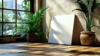 Blank white canvas mockup near window with natural sunlight and potted plants, dramatic shadows on wooden floor. Interior design scene for artwork display.