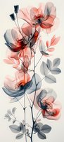 Translucent coral and navy blue flowers with delicate petals and stems create an ethereal x-ray effect against light background, suitable for modern wall art decor.