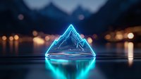 Glowing neon blue mountain triangle shape reflected on dark water surface with blurred bokeh lights and mountain silhouettes in background creating futuristic scene.