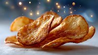Crispy golden potato chips with magical bokeh lights floating above, macro shot capturing delicate texture and warm glow on dark background, appetizing snack photography.