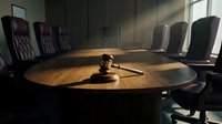 Wooden gavel on polished conference table in empty boardroom with leather chairs and natural sunlight streaming through windows for legal meetings.